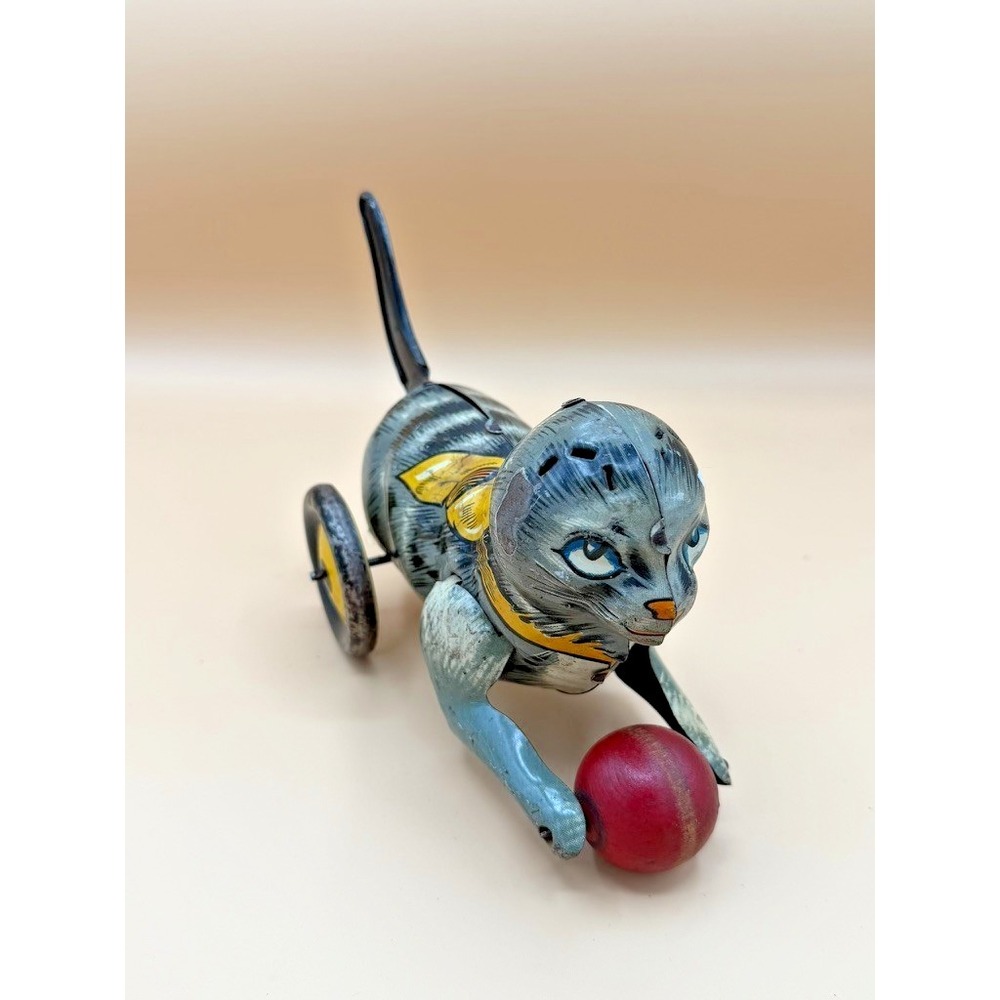 Vintage Marx Kitty Kat Tin Litho Lever Action Cat w/ Ball